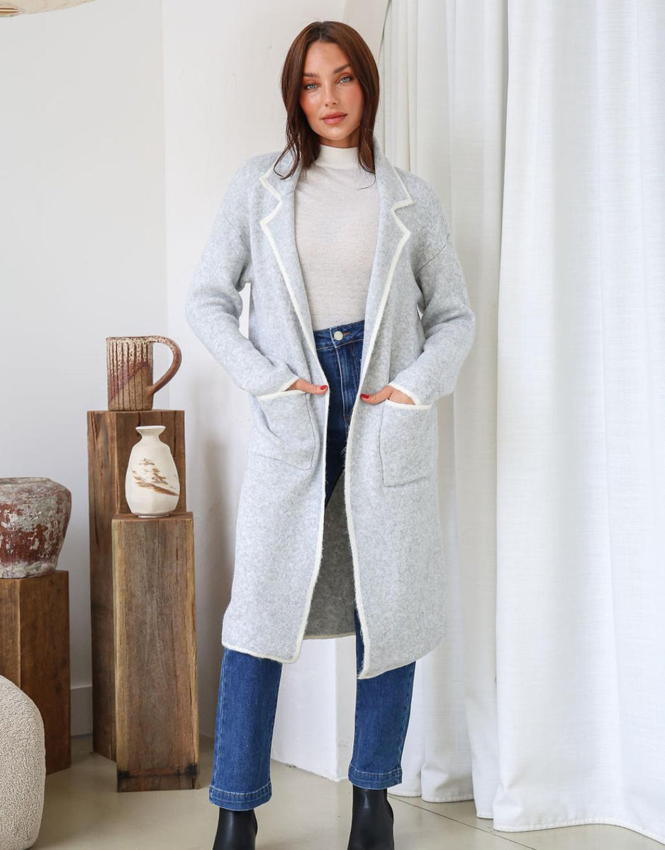 Buy Amelia Longline Coatigan Grey/Ivory 132 Fashion for Sale - Main Image