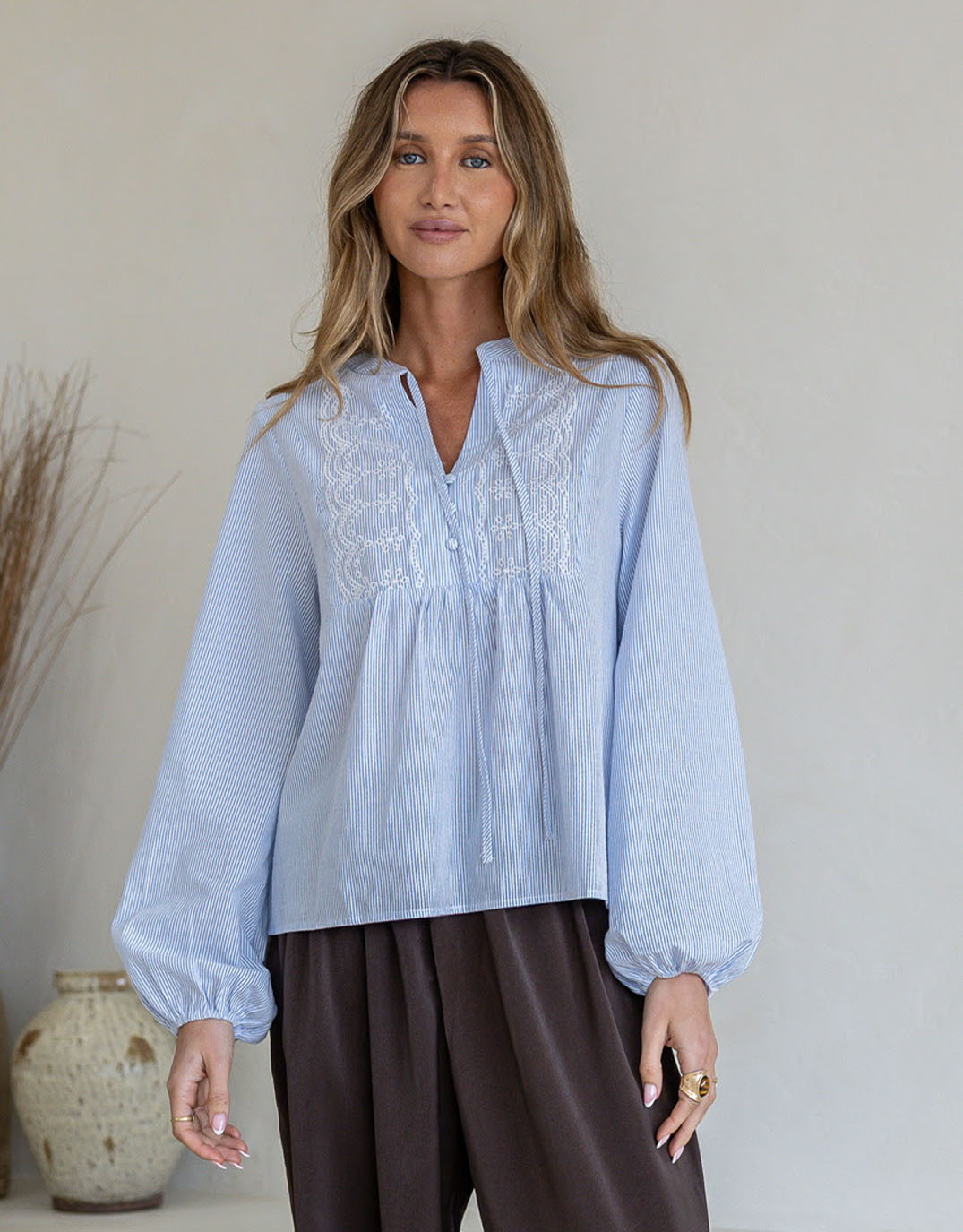 Maisie Embroidered Stripe Blouse - Blue/White