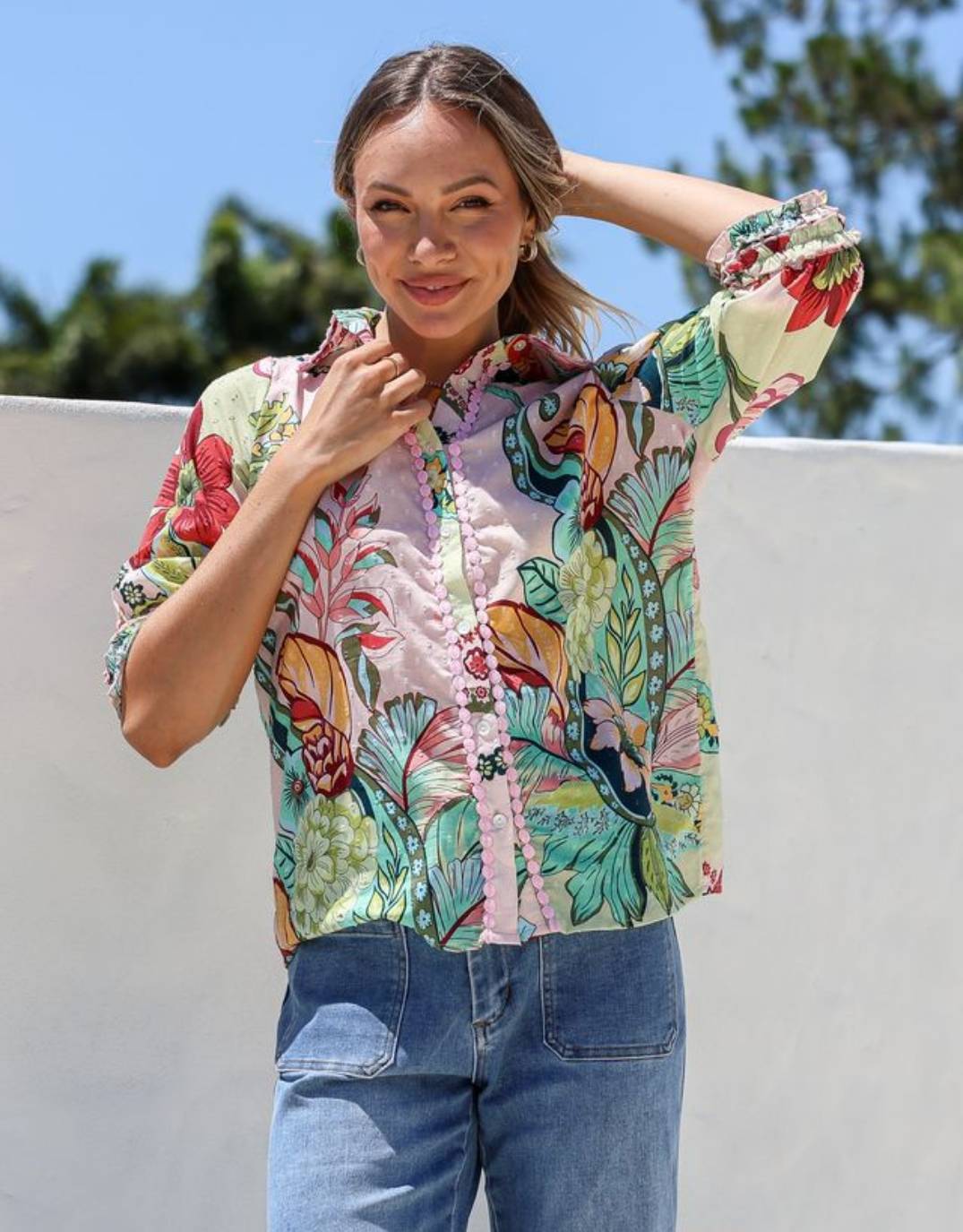 St Tropez Short Sleeve Shirt - Pink Green Multi