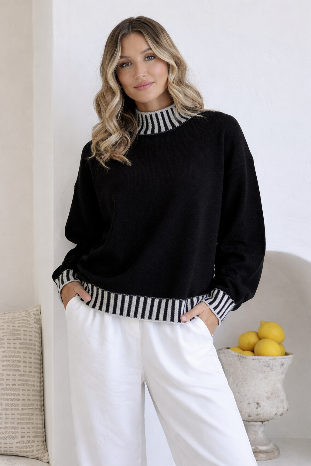 Mara Blanket Stitch Knit - Black/Latte