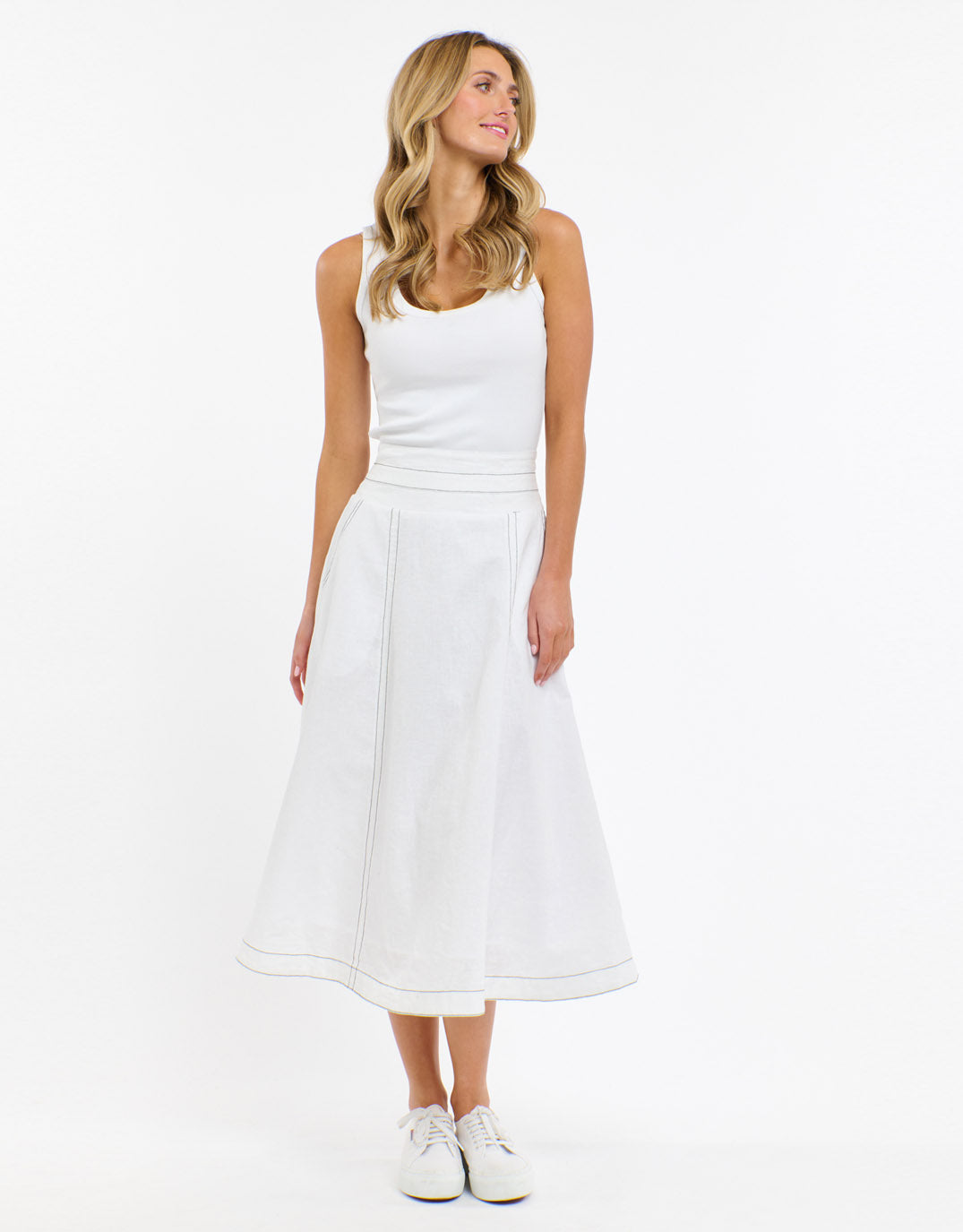 Dakota Linen Skirt - White with Choc Stitch