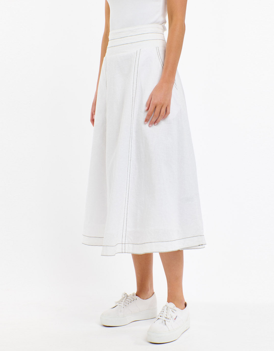 Dakota Linen Skirt - White with Choc Stitch