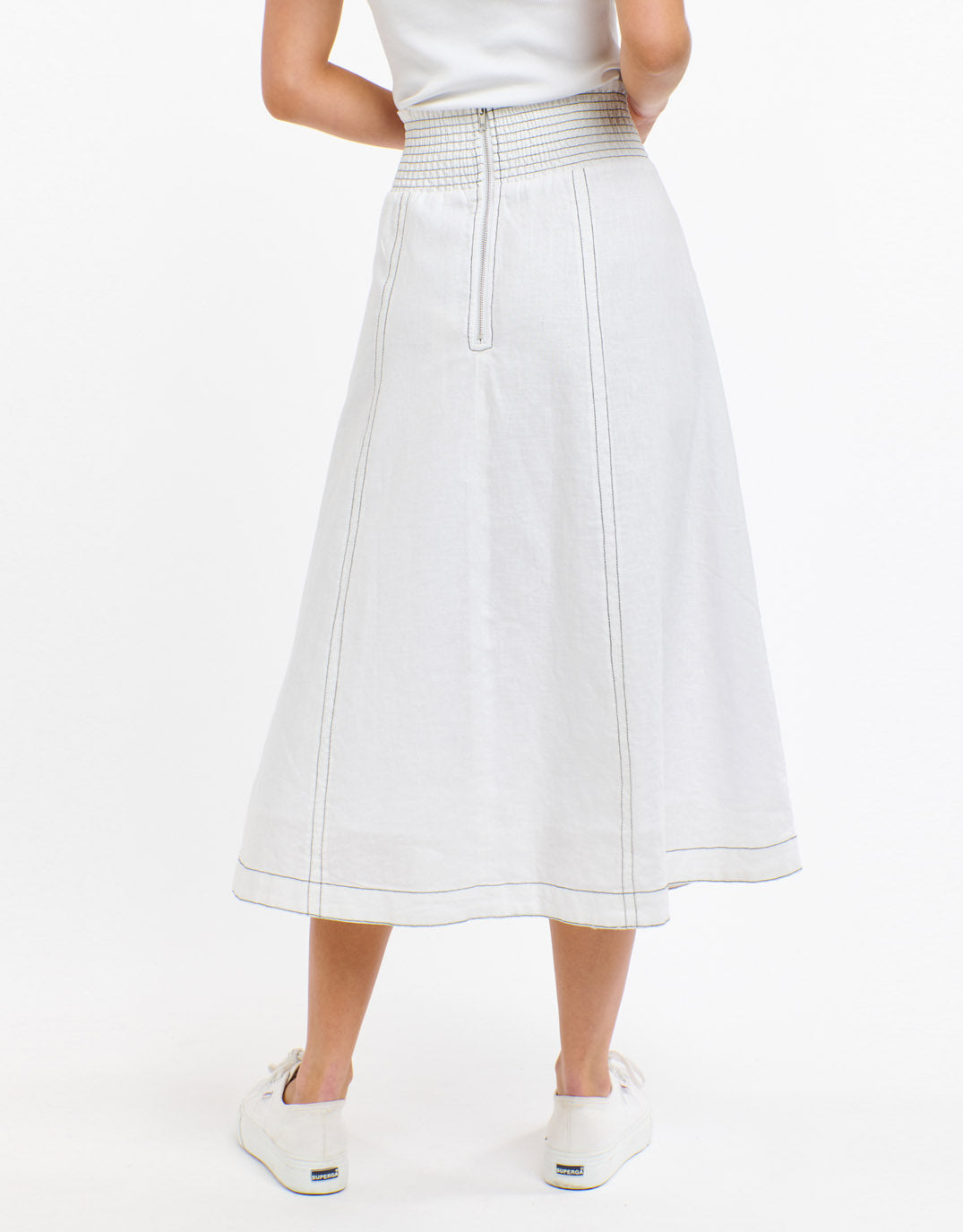 Dakota Linen Skirt - White with Choc Stitch