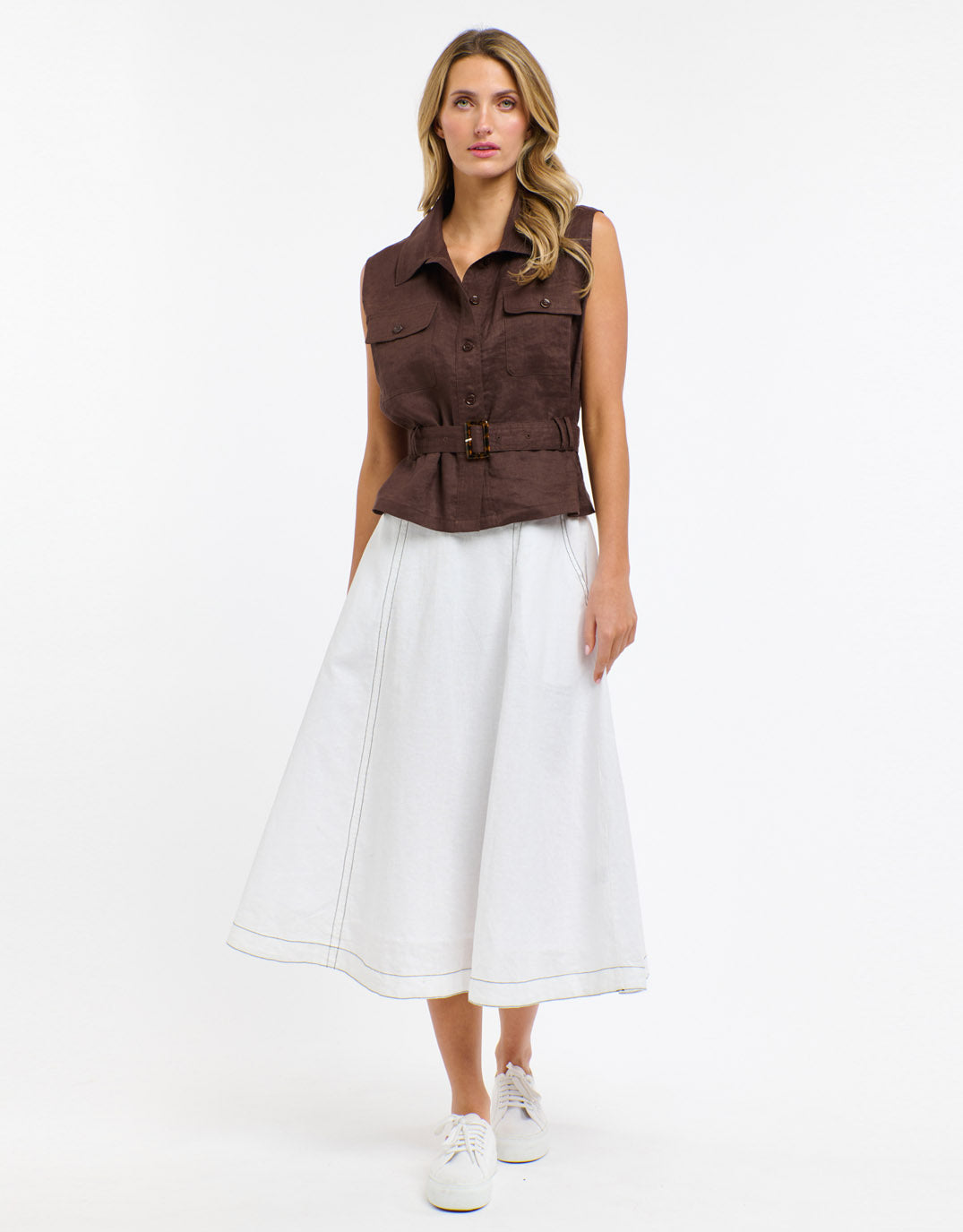 Dakota Linen Skirt - White with Choc Stitch