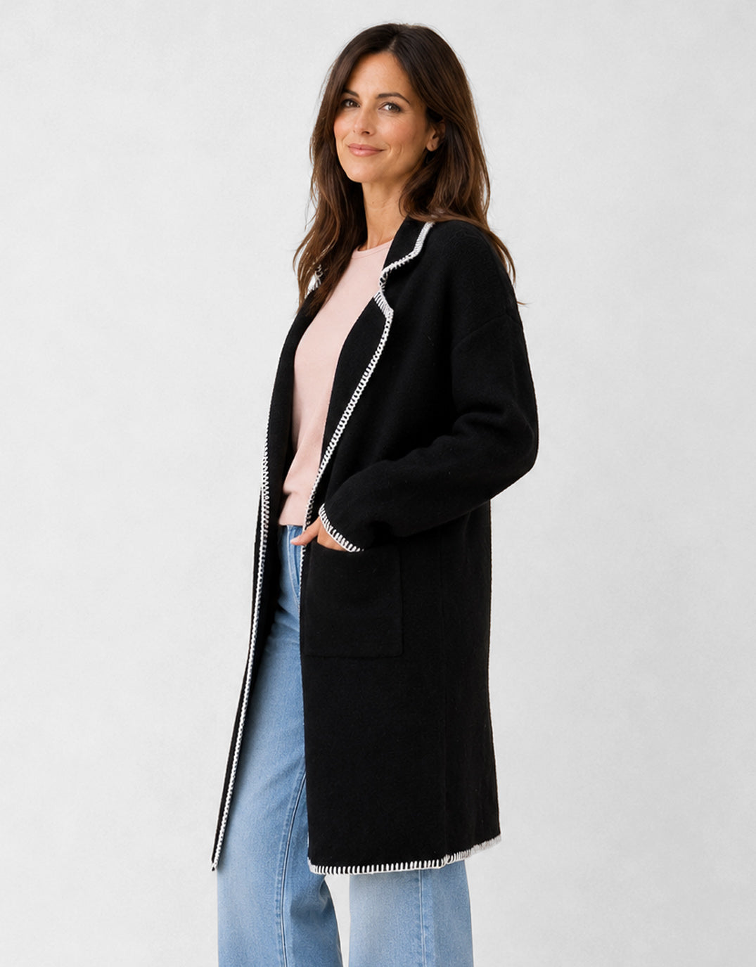 Noa Blanket Stitch Coatigan - Black