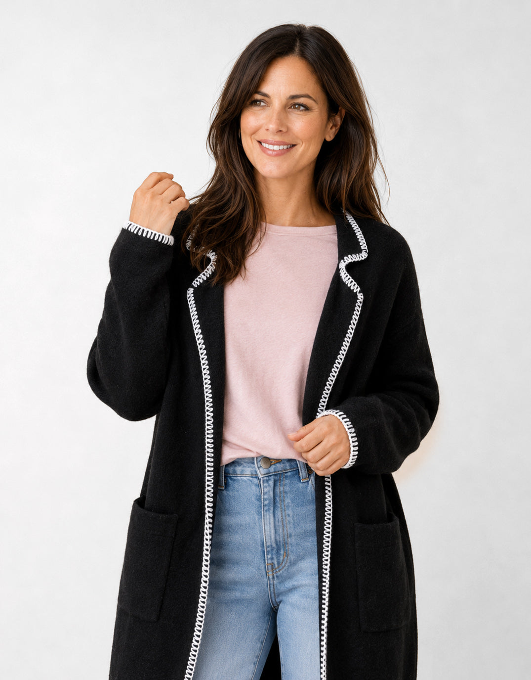 Noa Blanket Stitch Coatigan - Black