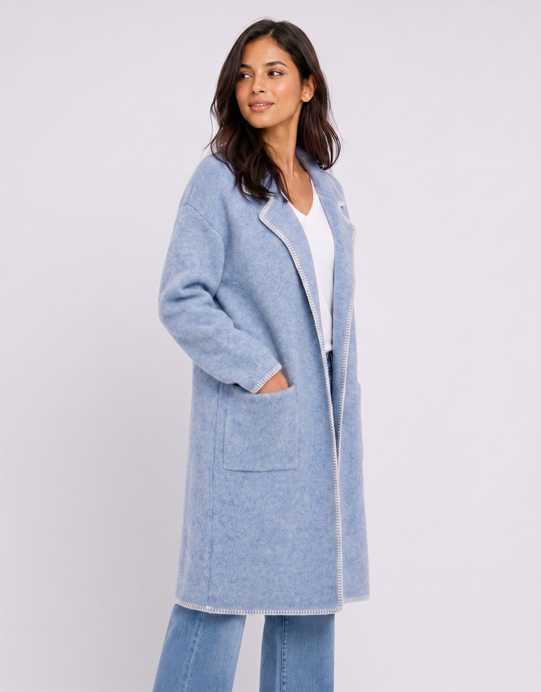 Noa Blanket Stitch Coatigan - Blue