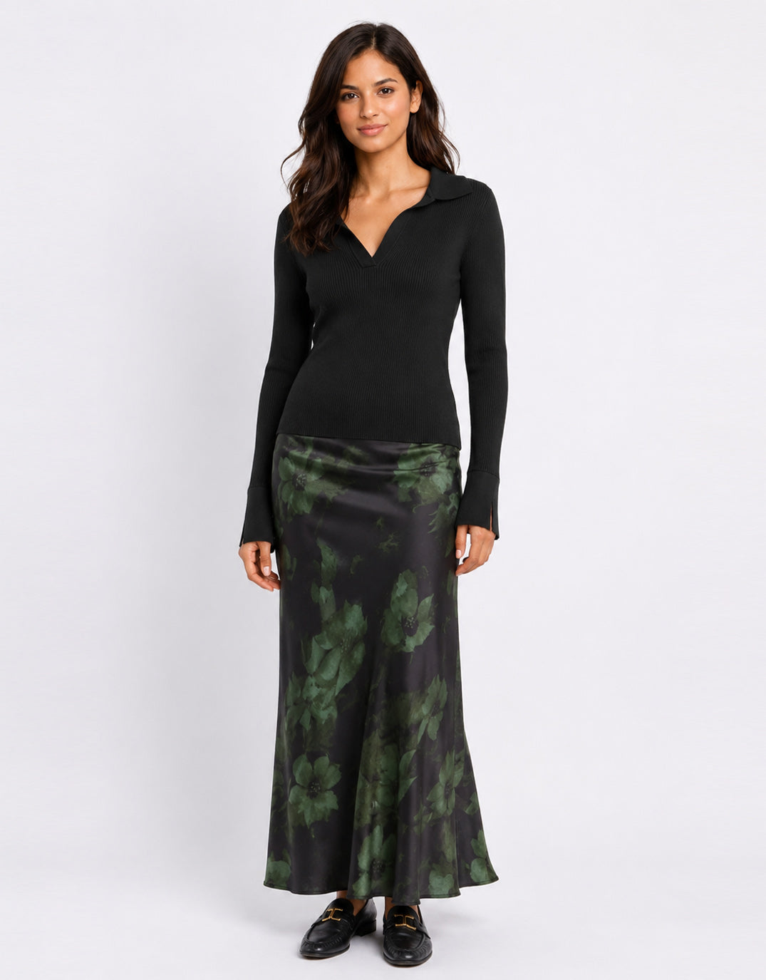 Prodigy Satin Bias Cut Maxi Skirt - Green Shadow Garden