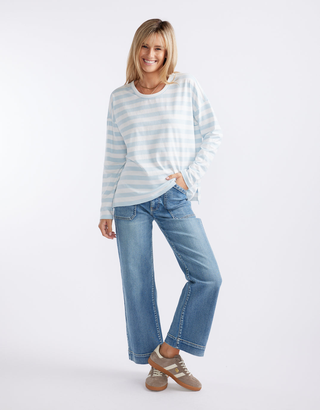 Relaxed Long Sleeve T-Shirt - Ice Blue/White