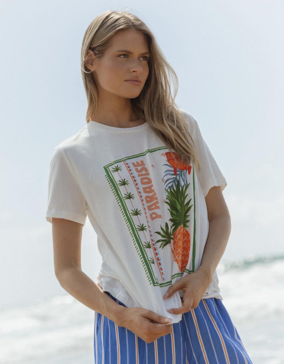 Ellia Crew Tee - Paradise Beach Print White