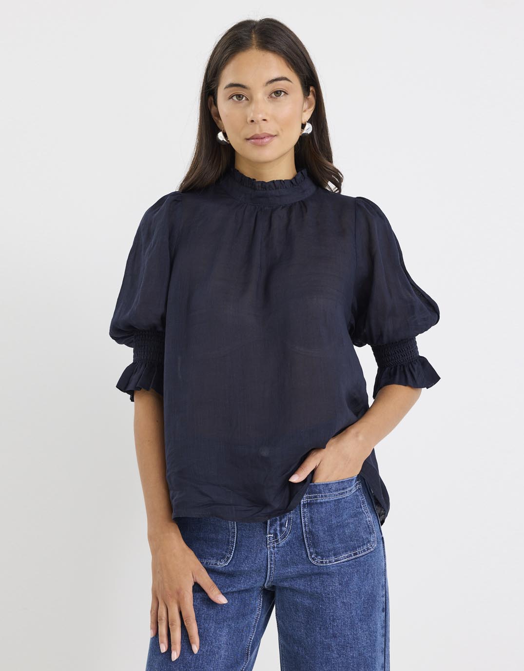 by-rosa-verse-sheer-high-neck-short-sleeve-top-navy-womens-clothing