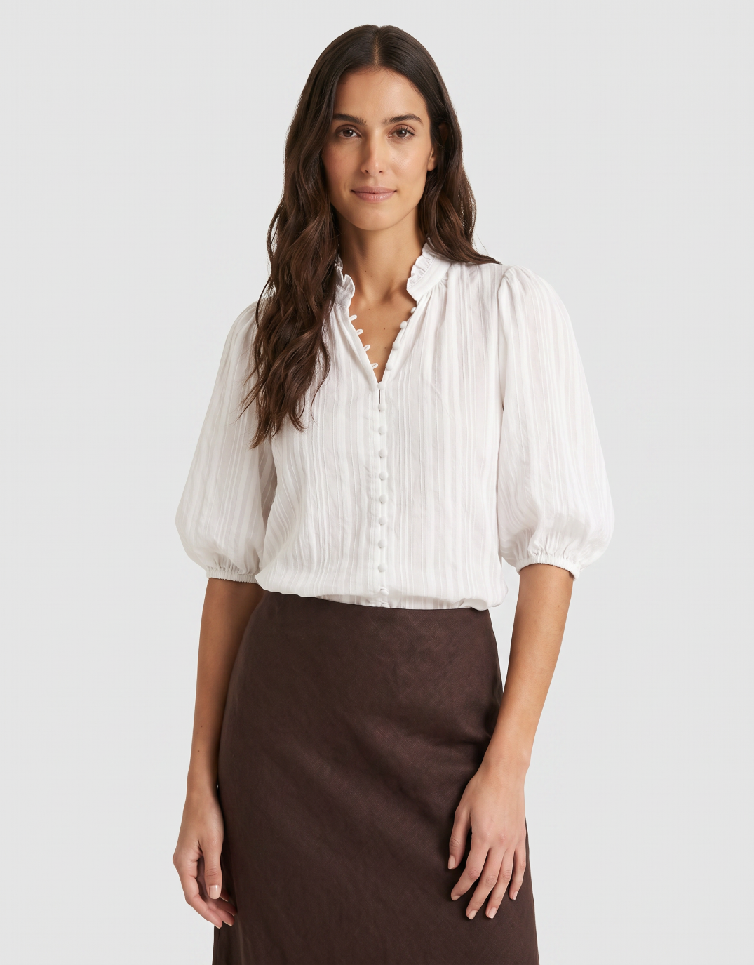 Continuance Self Stripe Button Through Mid Sleeve Top - Ivory