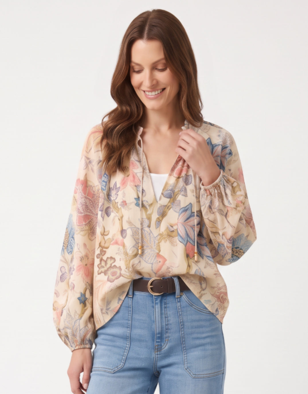 Eloise Tie Neck Floral Blouse - Natural/Multi