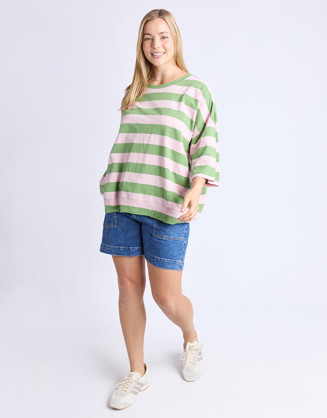 elm-mazie-block-stripe-sweat-forest-green-pink-lady-stripe-womens-clothing