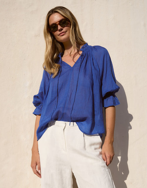 among-the-brave-expedition-shirred-neck-short-sleeve-top-blue-womens-clothing