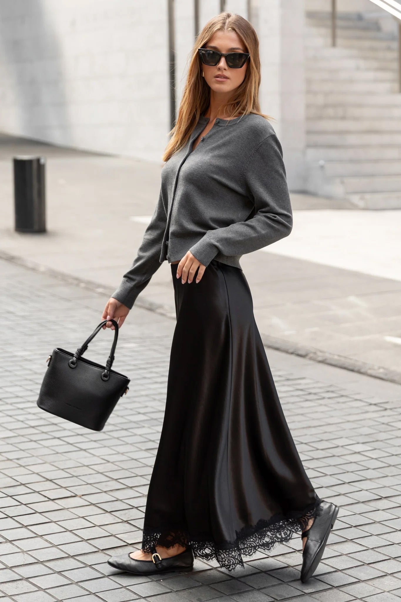Margarita Satin Lace Trim Bias Maxi Skirt - Black