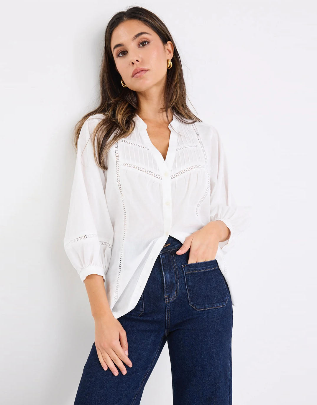 Ornamental Lace Insert Pintuck Shirt - White