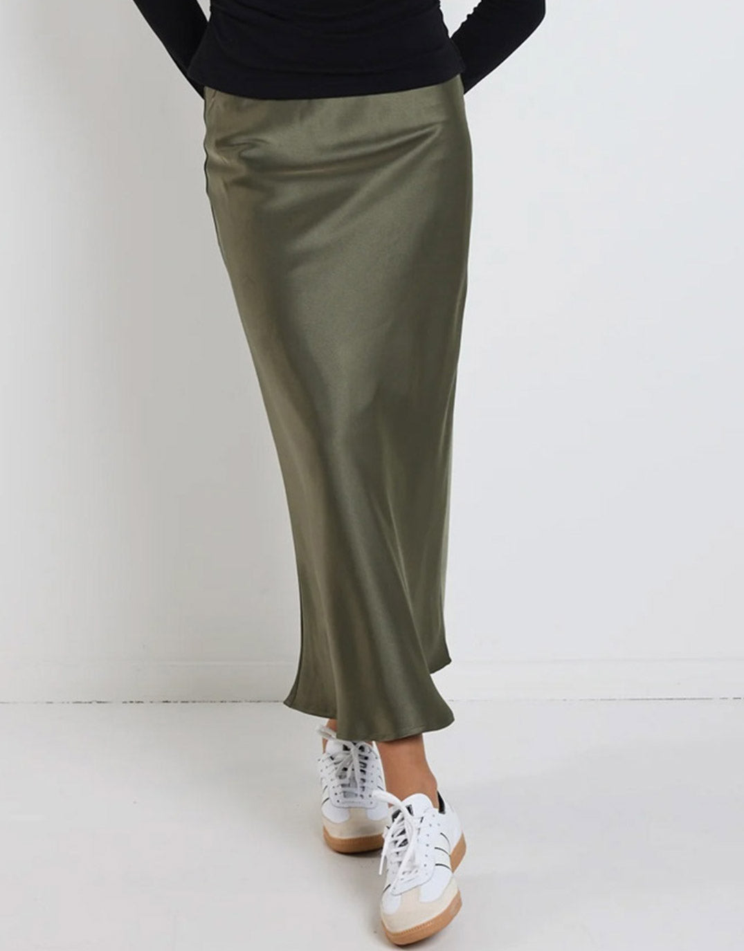 Rosette Satin Bias Midi Skirt - Khaki