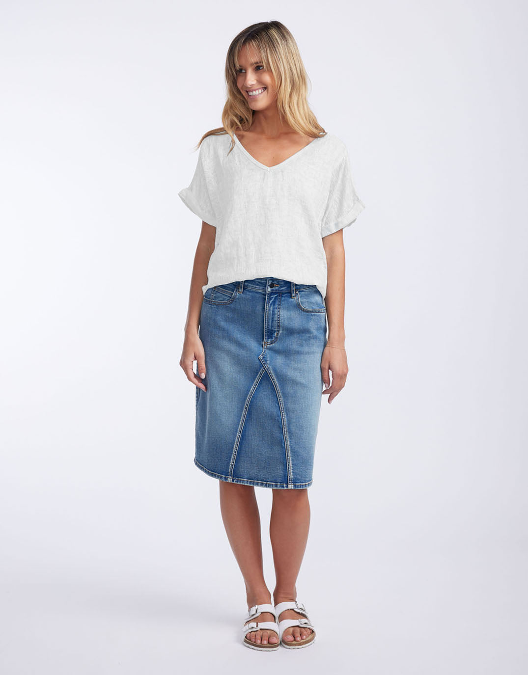 V Neck Calypso Linen Short Sleeve Top - White
