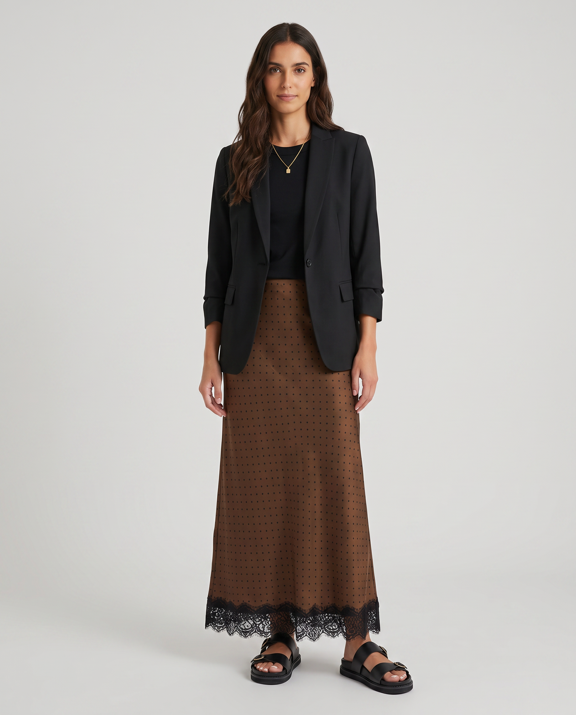 Margarita Satin Lace Trim Bias Maxi Skirt - Chocolate Polka Dot