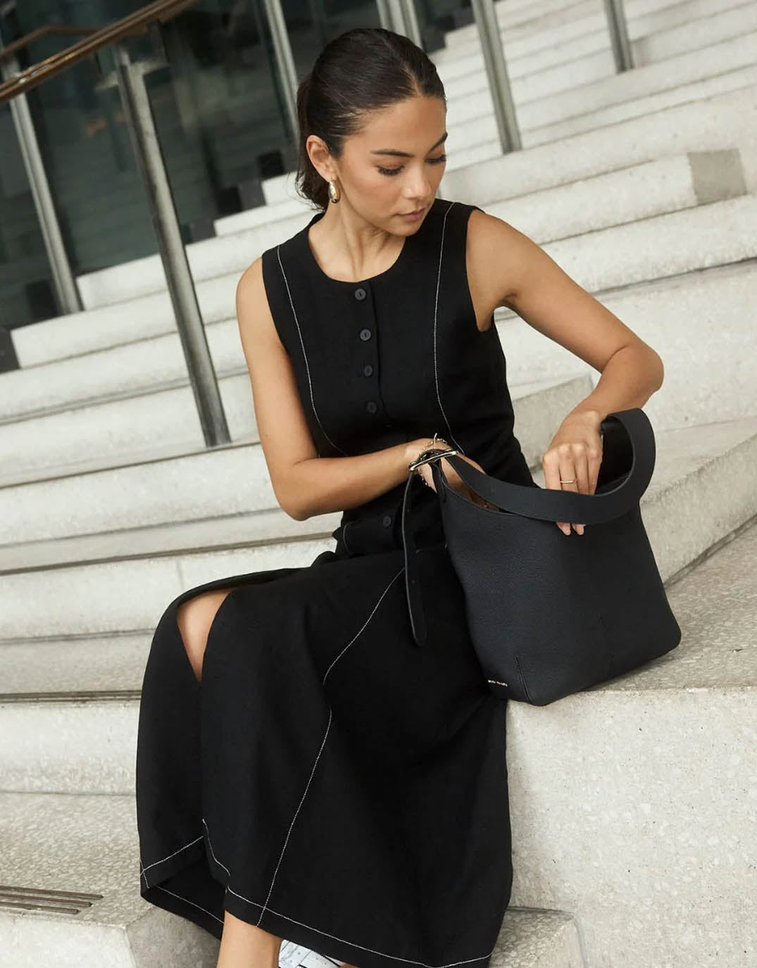 Guide Contrast Stitch Maxi Vest Dress - Black