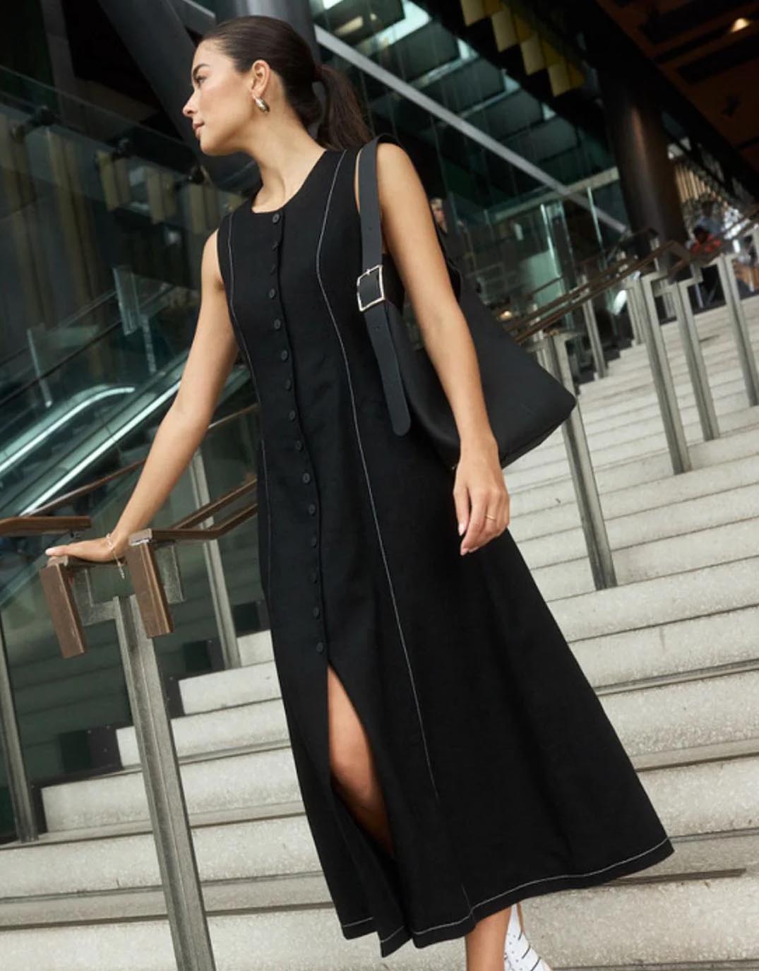 Guide Contrast Stitch Maxi Vest Dress - Black