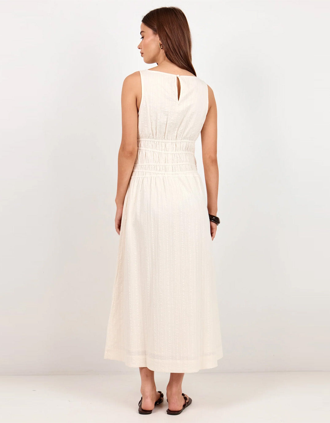 Lucent Sleeveless Abstract Shirring Midi Dress - Cream