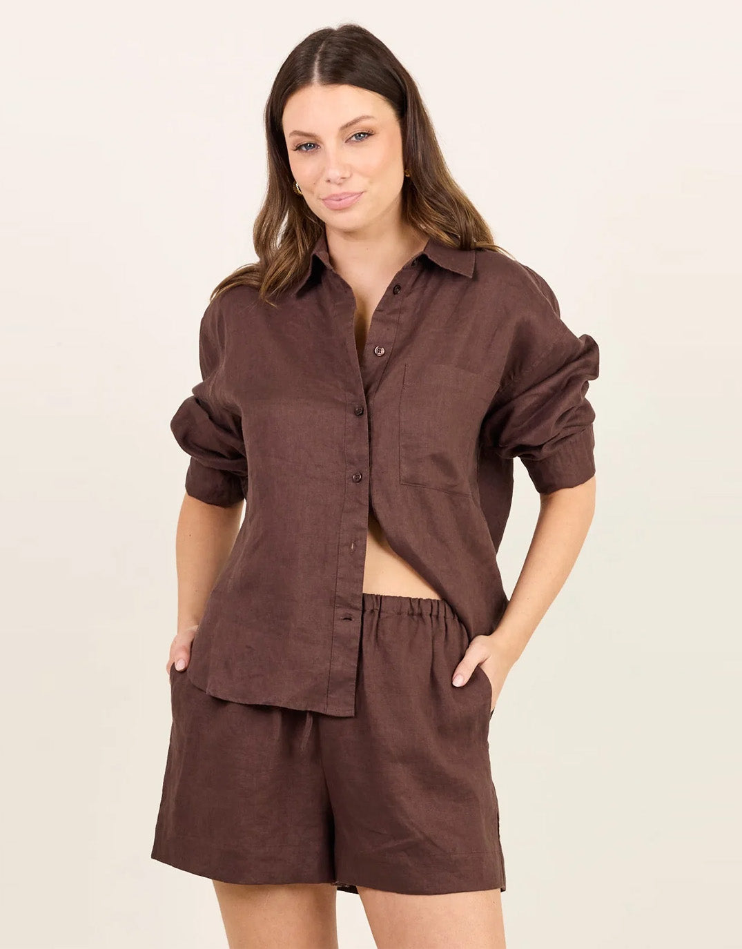 Uplifted Linen Oversized Shirt - Chocolate