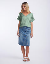 V Neck Calypso Linen Short Sleeve Top - Sage