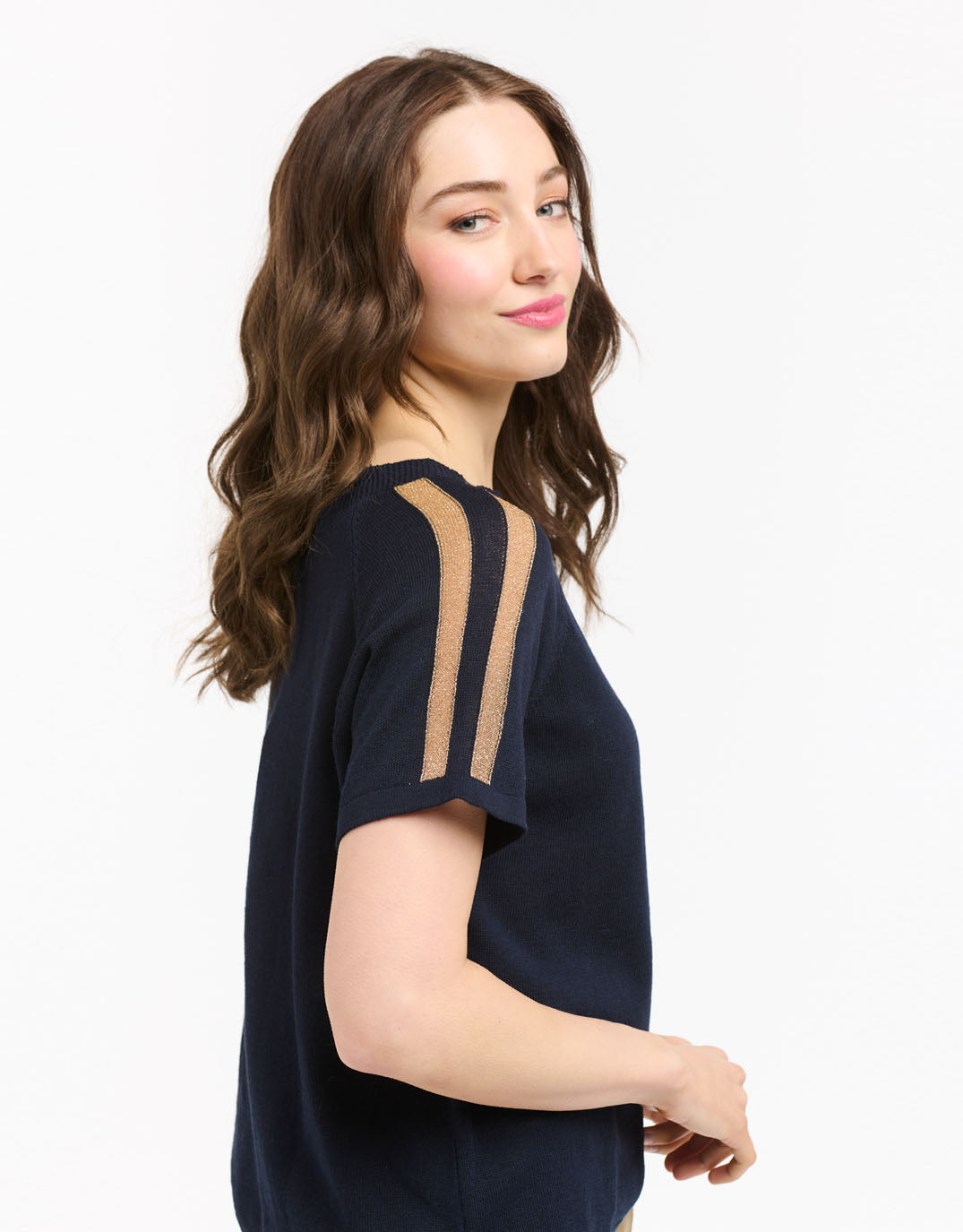 Lurex Shoulder Sweater - Navy/Rose Gold