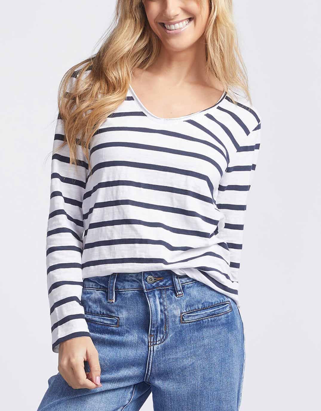 White & Co. - Original V-Neck Long Sleeve T-Shirt - Navy/White Stripe - White & Co Living Tees & Tanks