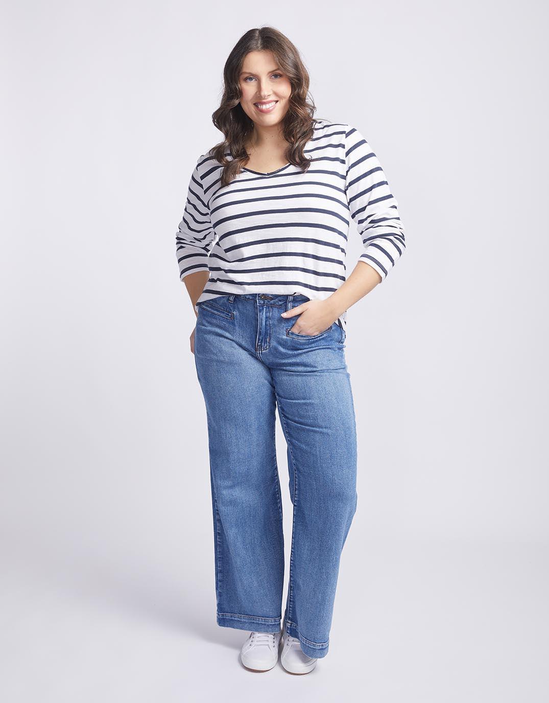 White & Co. - Original V-Neck Long Sleeve T-Shirt - Navy/White Stripe - White & Co Living Tees & Tanks