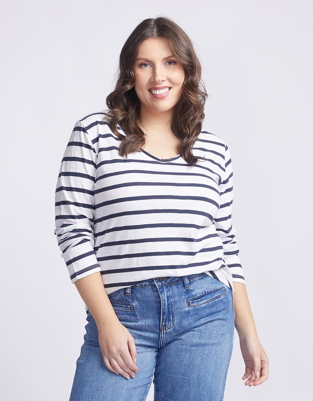 White & Co. - Original V-Neck Long Sleeve T-Shirt - Navy/White Stripe - White & Co Living Tees & Tanks