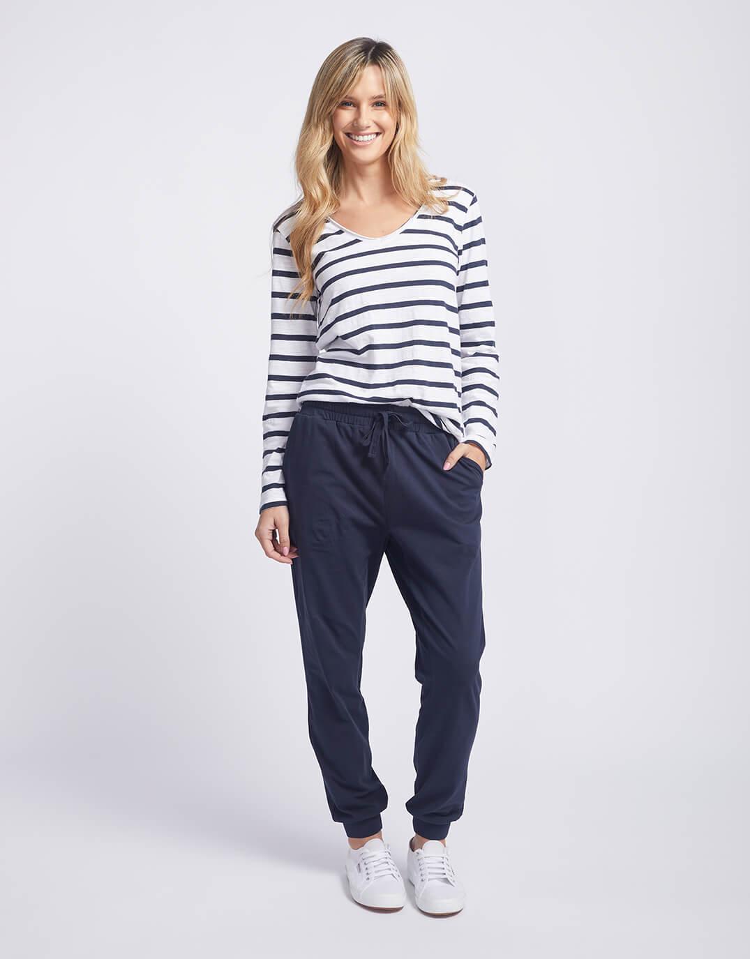 White & Co. - Original V-Neck Long Sleeve T-Shirt - Navy/White Stripe - White & Co Living Tees & Tanks