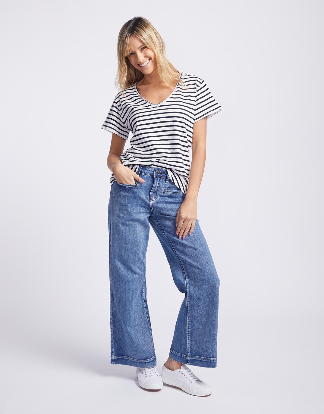 White & Co. - Original V Neck T-Shirt - Black/White Stripe - White & Co Living Tops