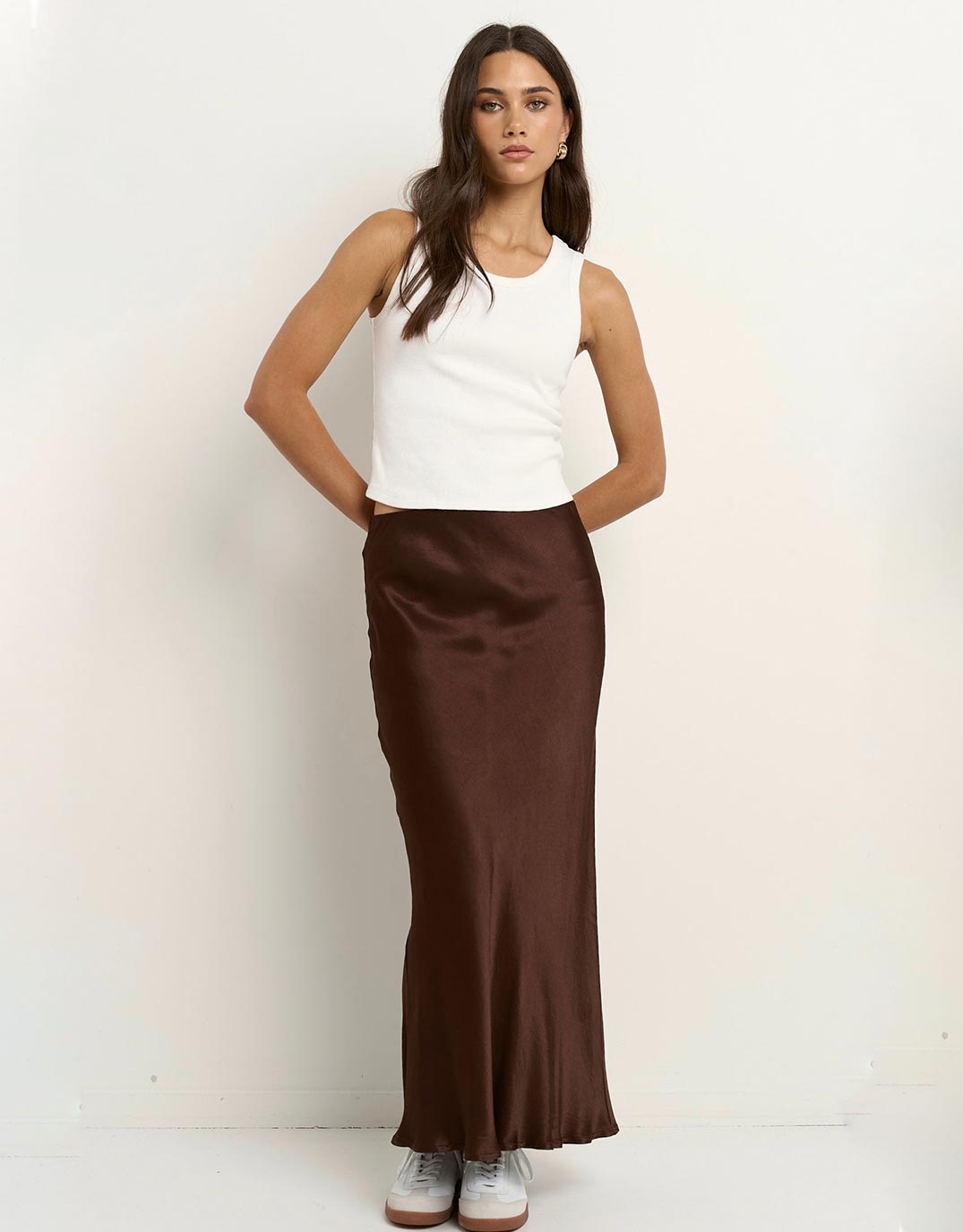 Rosette Satin Bias Midi Skirt - Chocolate