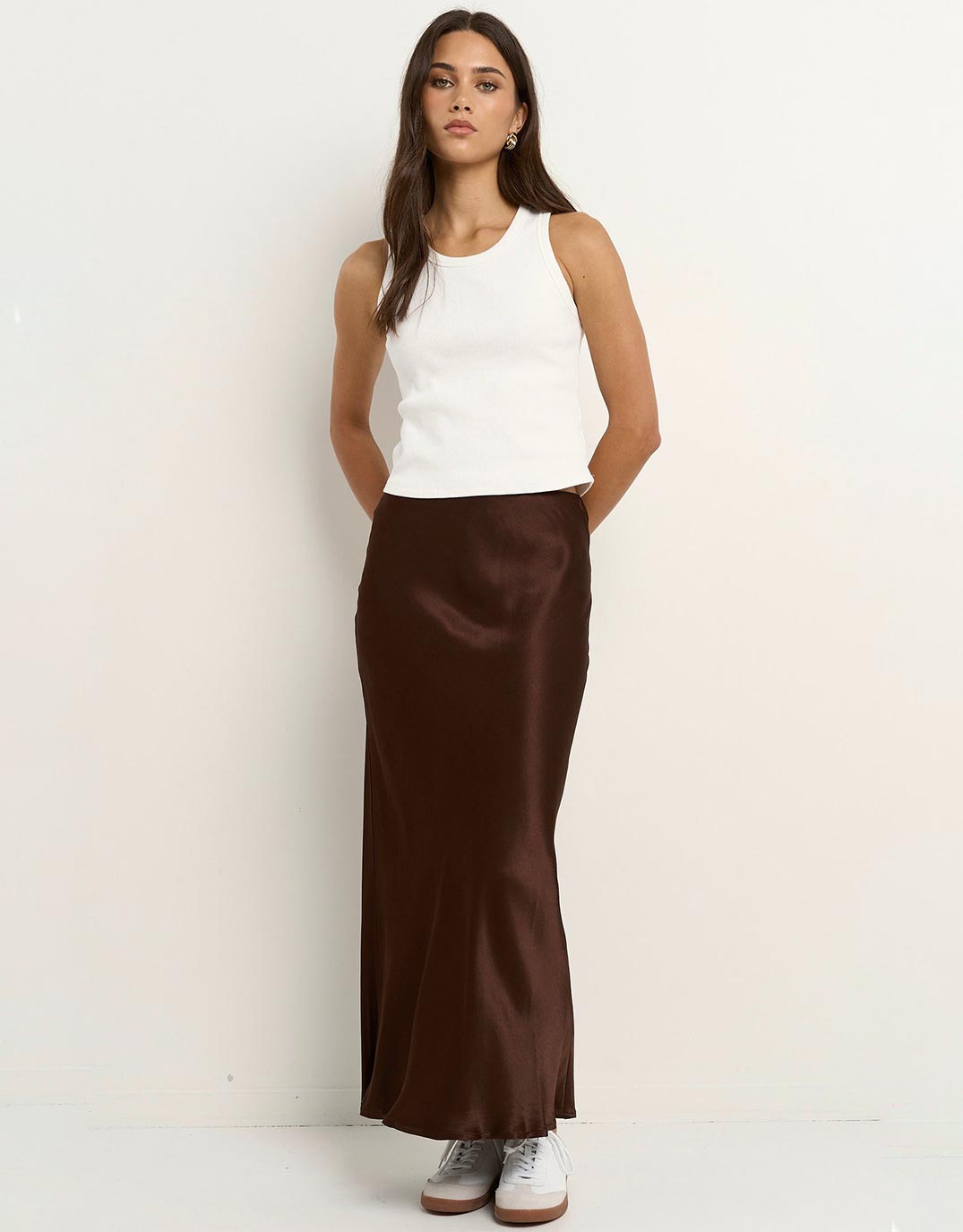 Rosette Satin Bias Midi Skirt - Chocolate