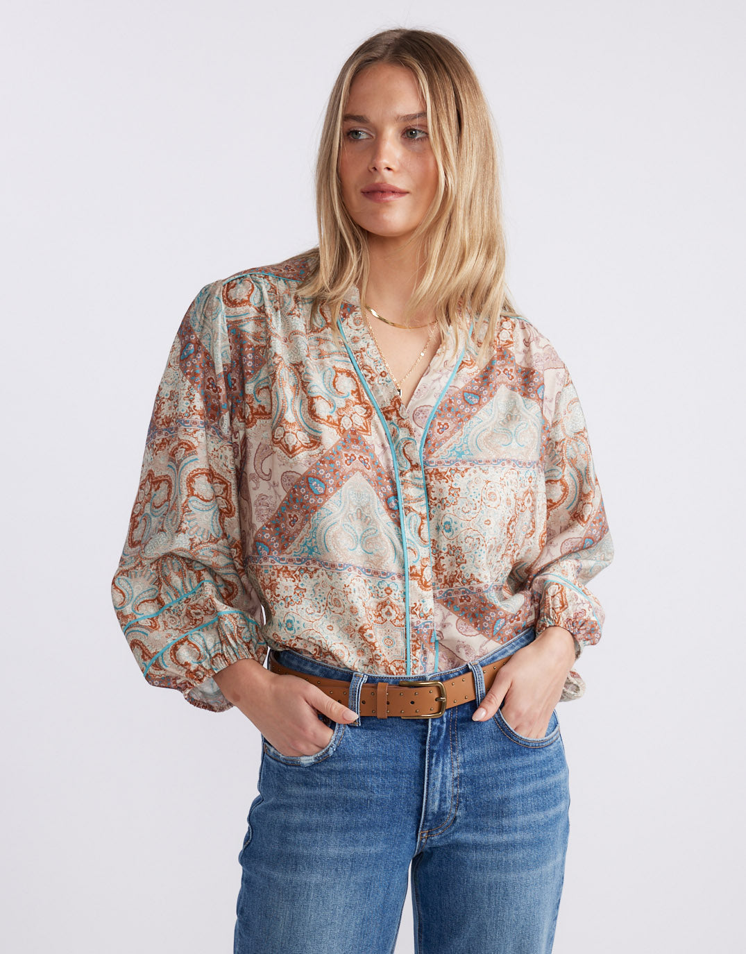 Mila Blouse - Turquoise / Choc Scarf Print