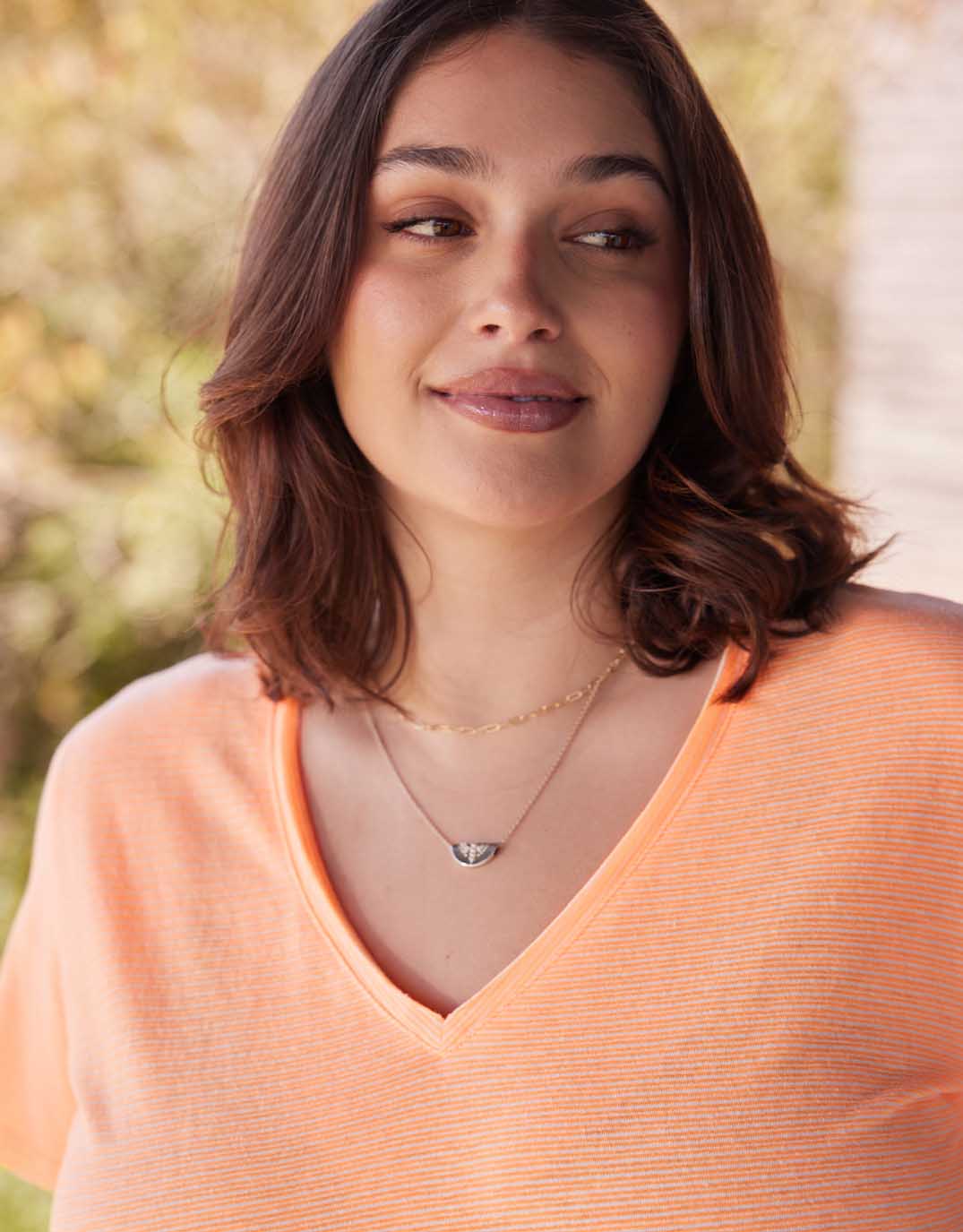 Sorbet Stripe Vee Neck Tee - Neon Orange