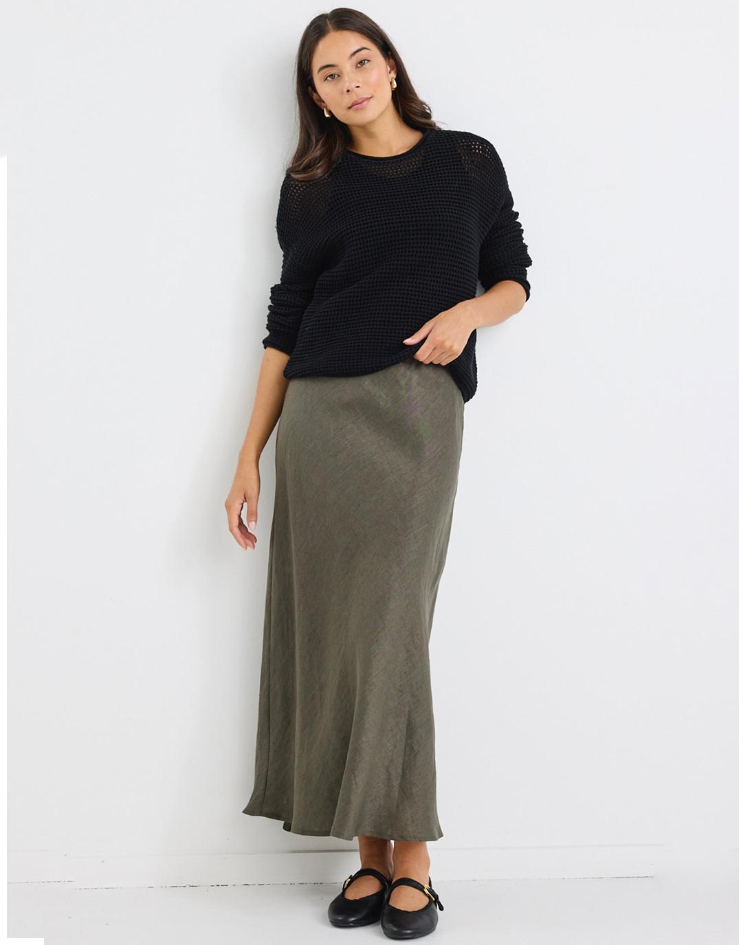 Bliss Linen Bias Midi Skirt - Khaki