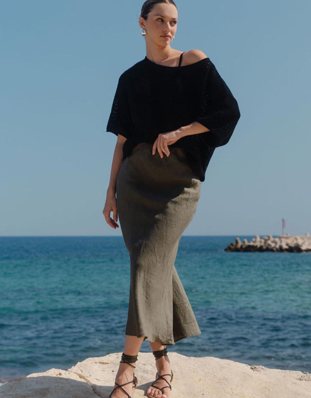 Bliss Linen Bias Midi Skirt - Khaki