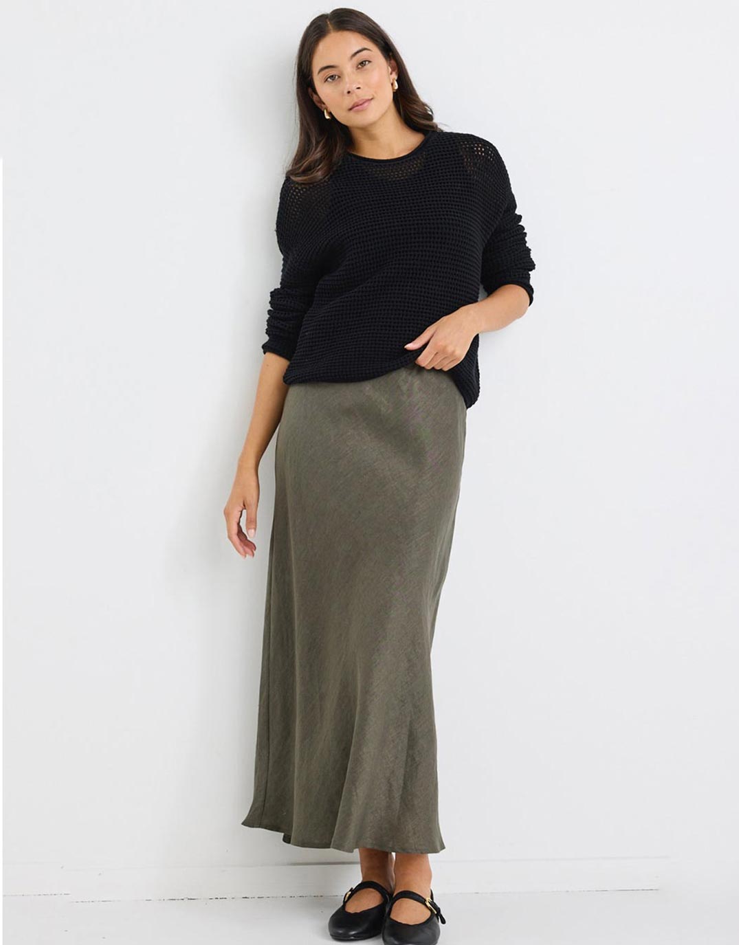 Bliss Linen Bias Midi Skirt - Khaki