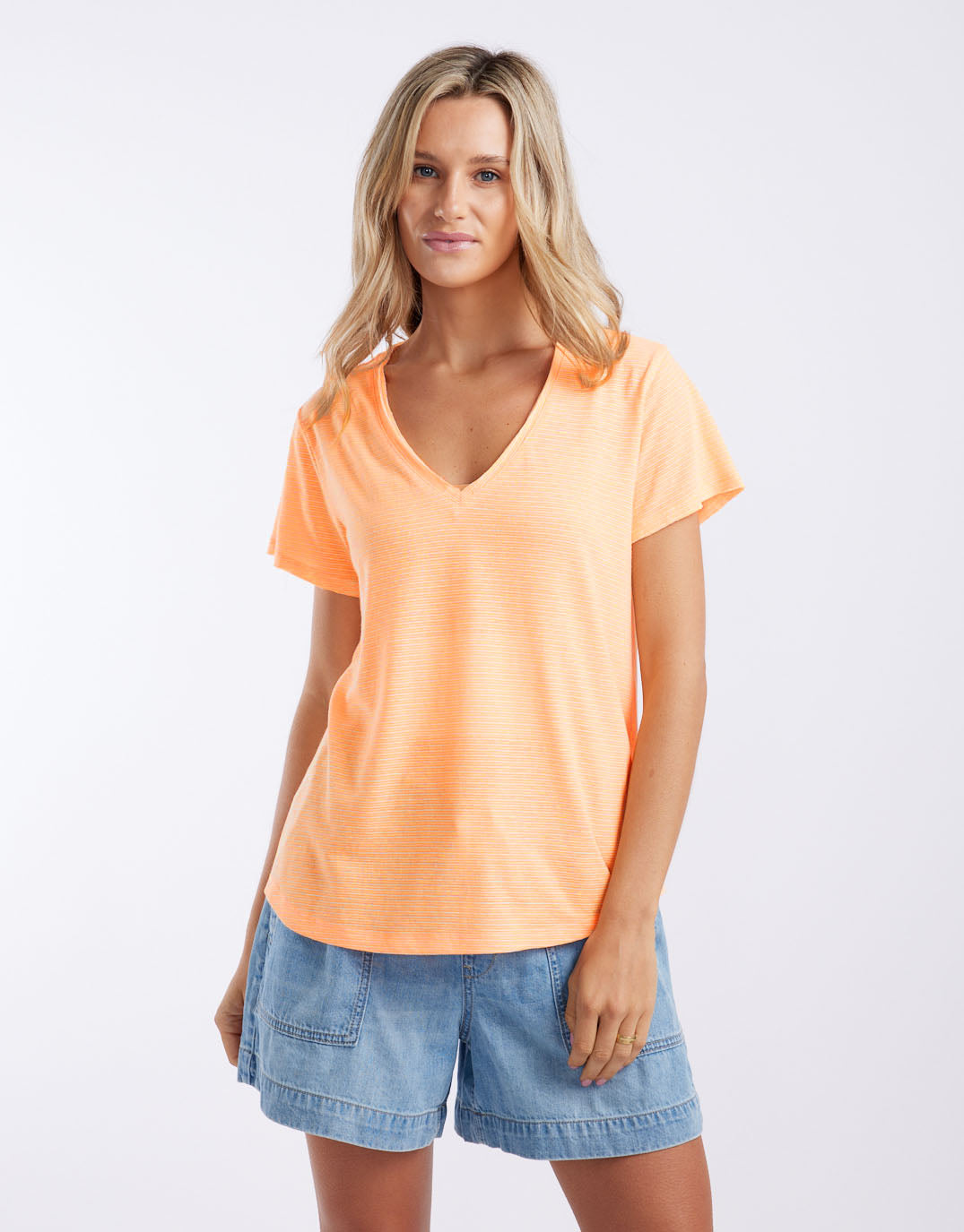 white-co-sorbet-stripe-vee-neck-tee-neon-orange-womens-clothing