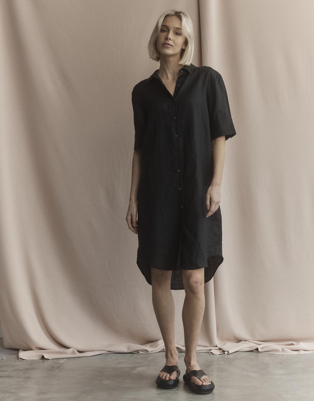 Hettie Linen Shirt Dress - Black