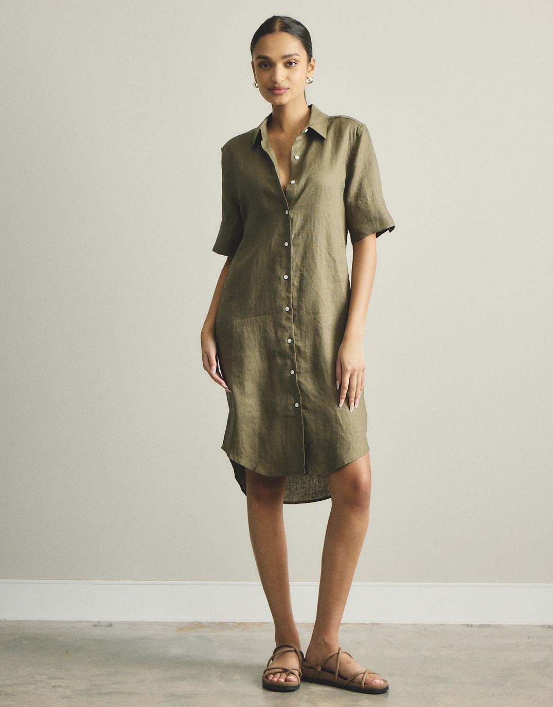 Hettie Linen Shirt Dress - Khaki