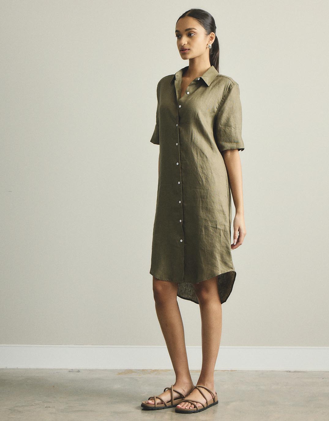 Hettie Linen Shirt Dress - Khaki
