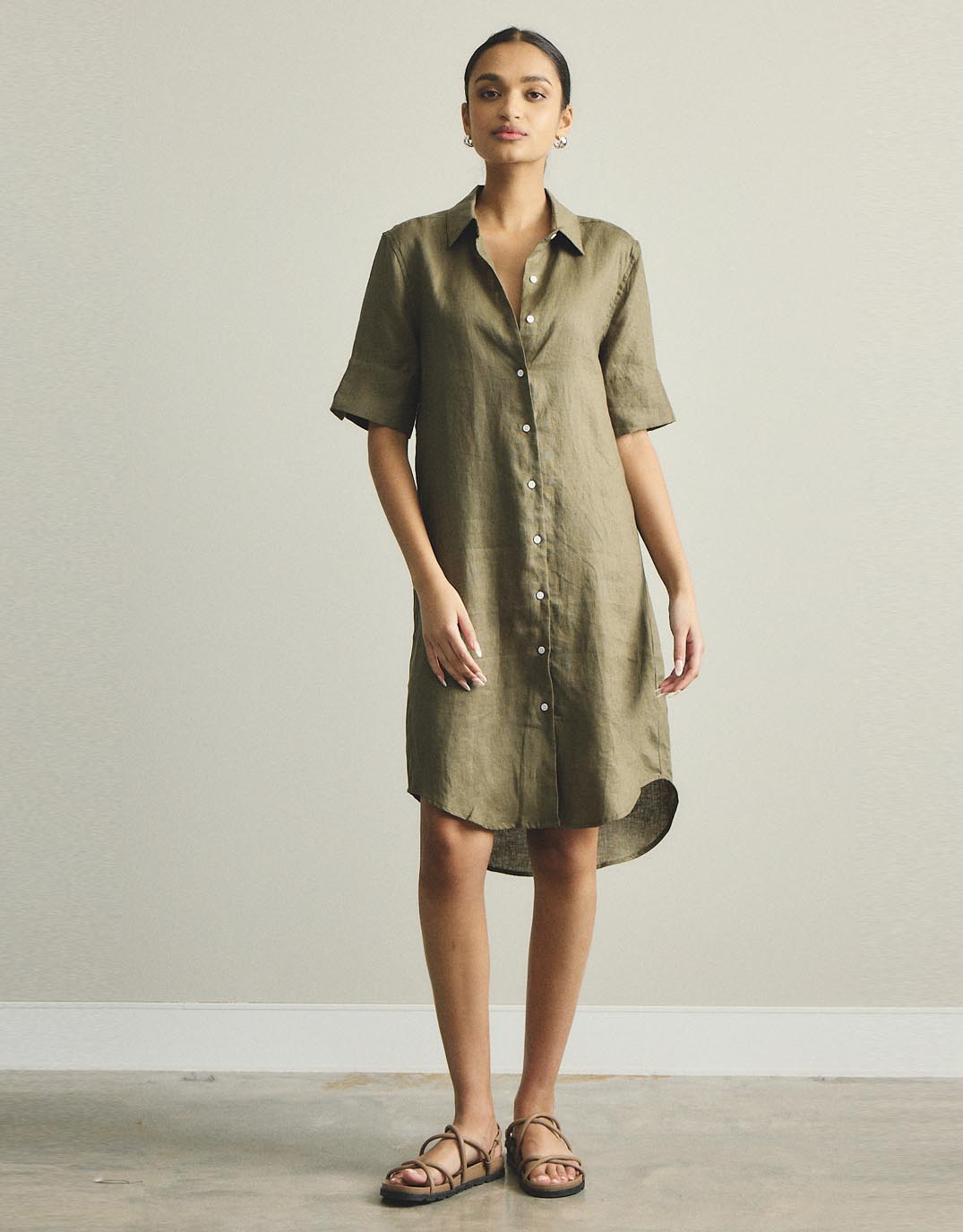 Hettie Linen Shirt Dress - Khaki