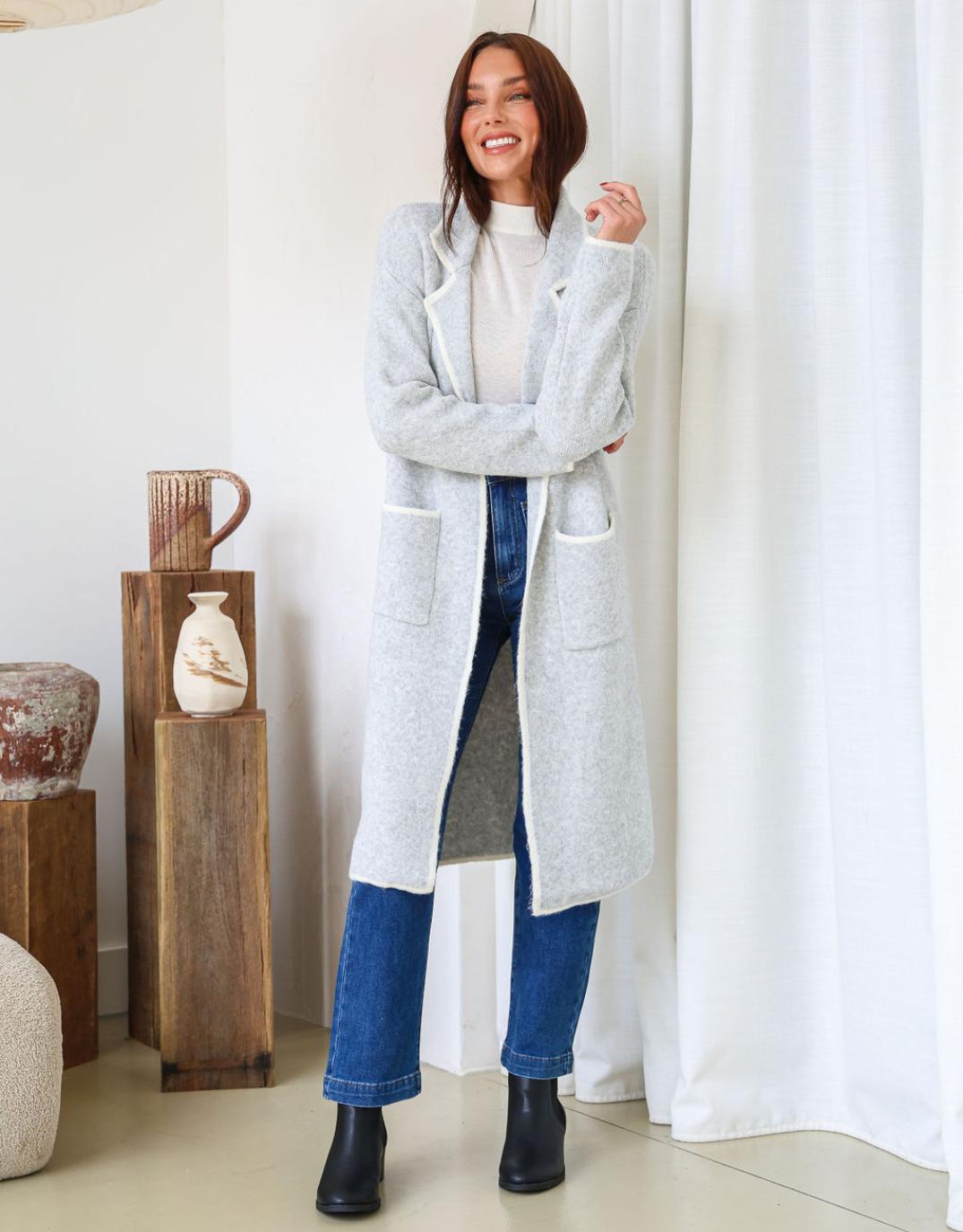 Buy Amelia Longline Coatigan Grey/Ivory 132 Fashion for Sale