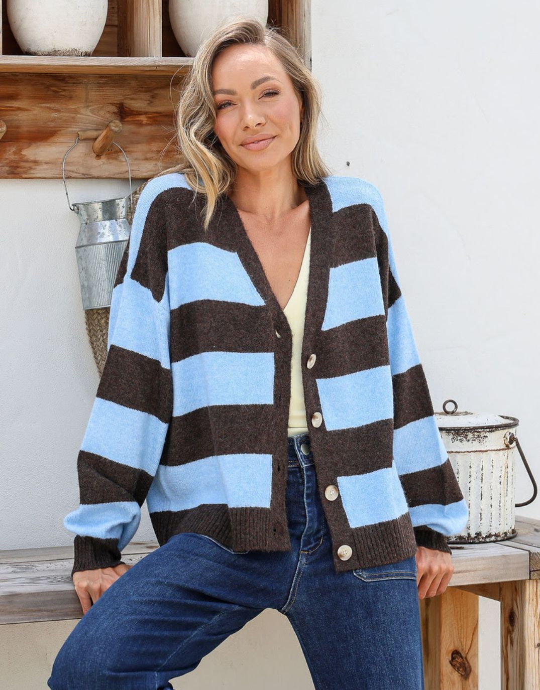 Briar Block Stripe Cardi - Chocolate/Powder Blue 132 Fashion for