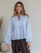 Maisie Embroidered Stripe Blouse - Blue/White